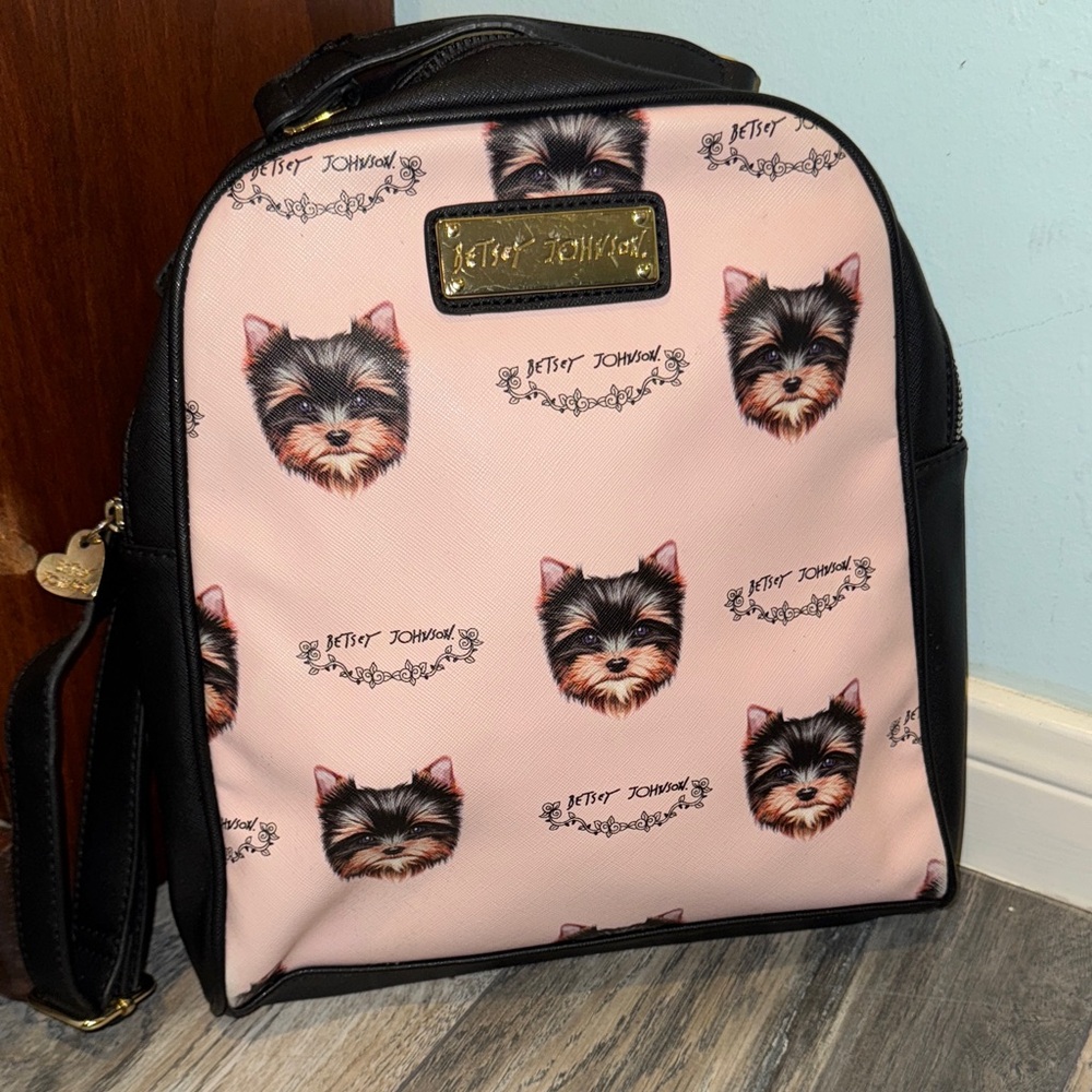 Betsey Johnson Vintage Pink and Black Yorkie Pattern Backpack